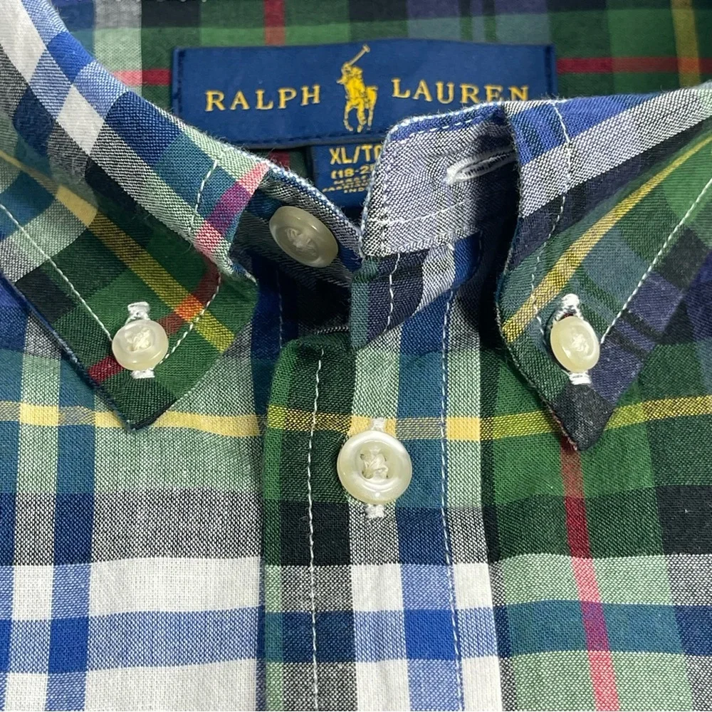 RALPH LAUREN Youth Boy's Blue Green Plaid Long Sleeve Button Down Shirt Size XL